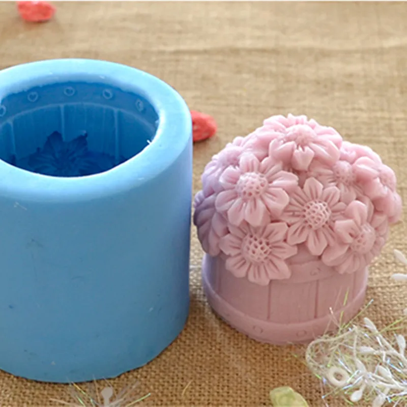 3D Sunflower Basket Candle Mold Cylinder SiliconeFlower Bouquet Candle Maker Molds for Soap Making Art Decoration Crafting Mould