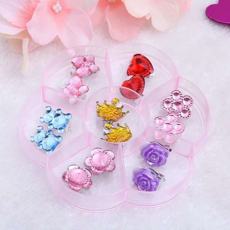 Candy Color Fruit Shape Cute Children\'s Baby Girl Earrings kids Ear Clip no Pierced Party Lovely Jewelry Gift 7 Pairs Mix In Box