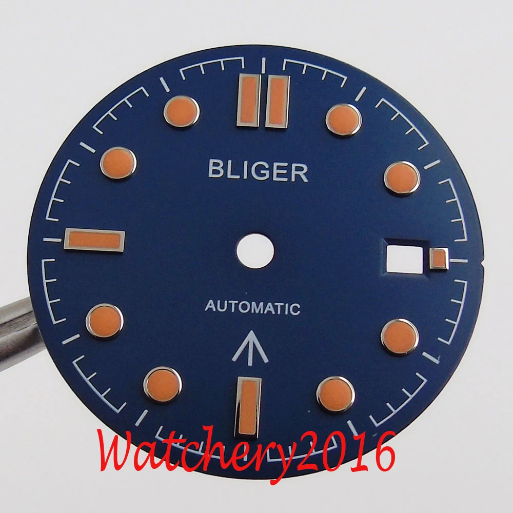 31mm Watch Bliger Blue Dial Orange marks Date Window fit 2836 2824 2813 3804 Miyota 82 Series movement