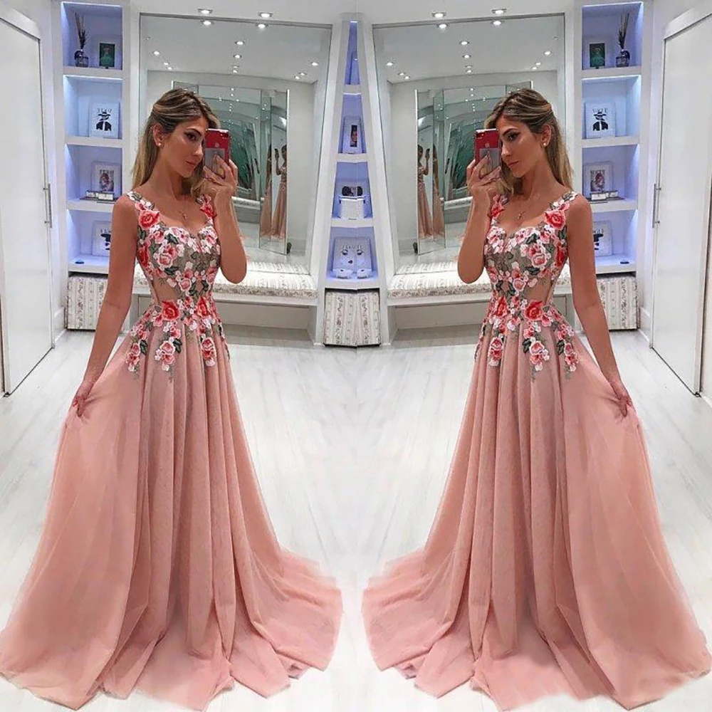 

A Line Formal Dresses Floor-Length Prom Party Gown Custom Dresses Tulle Evening Dress Scoop Applique Sleeveless New