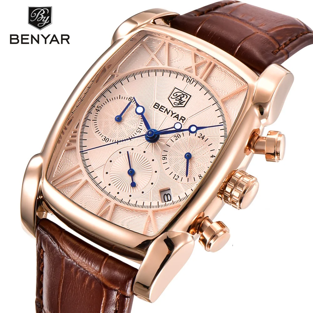 

BENYAR New Fashion Mens WristWatches Top Brand Luxury Big Dial Military Quartz Clock Leather Waterproof Sport Chronograph Male