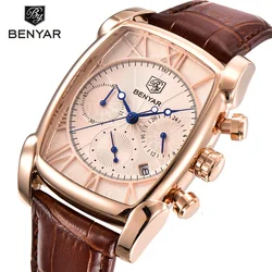 BENYAR New Fashion Mens WristWatches Top Brand Luxury Big Dial Military Quartz Clock Leather Waterproof Sport Chronograph Male