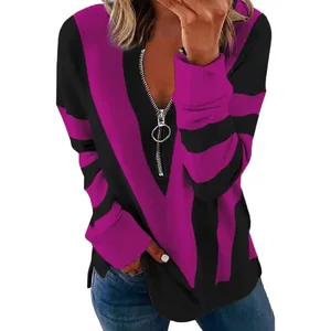 Frauenbluse Langstreife Schlaf mit V -Neck, Hemden mit Reißverschluss, losen Tops, weibliches T -Shirt, Straßenkleidung, Herbst- und Wintermode 12 Hauptverkaufsbluse Reißverschluss - №5