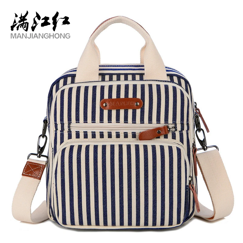 MANJIANGHONG Striped Pattern Women Canvas Bag Vertical Fashion Striped Lady Handbag Canvas Female Shoulder Casual Messenger Bags