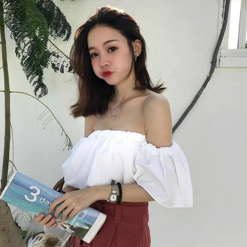 T-shirts Womens Summer Slash Neck Off Shoulder Solid Sexy Chic Loose All-match Crop Tops Elastic Girlish Fairy White New