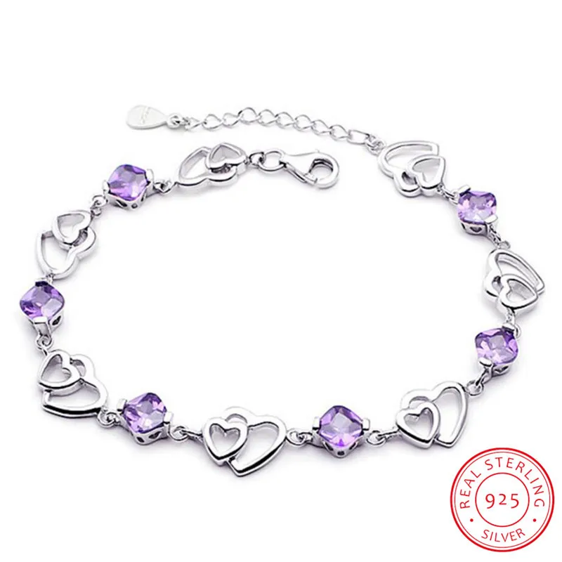 Silver 925 Jewelry Elegant Bracelet Jewelry 925 Sterling Silver Natural Purple Amethyst Love Heart Cute Women Bracelet