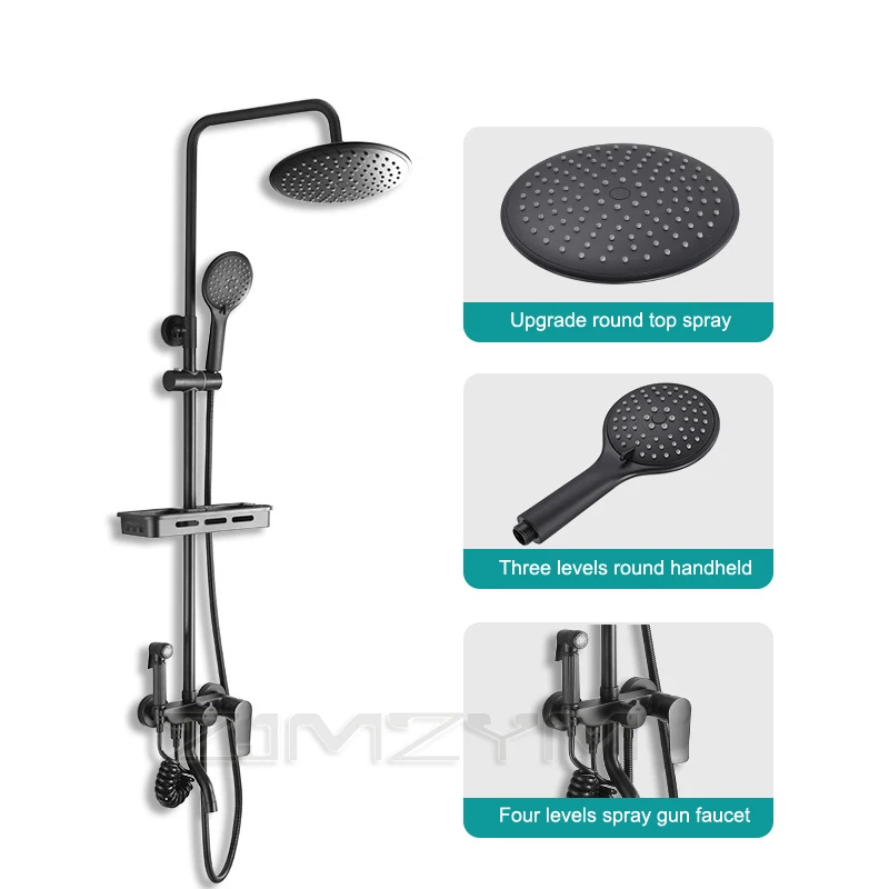 Household bathing shower set,copper faucet shower,black shower head set with shelf,height adjustable,four types of water outlet