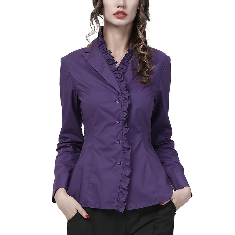 Imagem -05 - Blusa Feminina de 100 Algodão com Babado Camisa de Manga Comprida com Gola Novo Elegante Slim Roxa Single-breasted Outono 2023