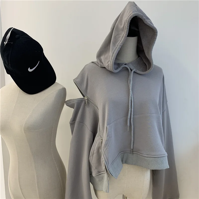 Open Shoulder Asymmetric Sweatshirt 2023 Women\'s Solid Color Pullover Hooded Top Drawstring Korean Style Fashion All-match