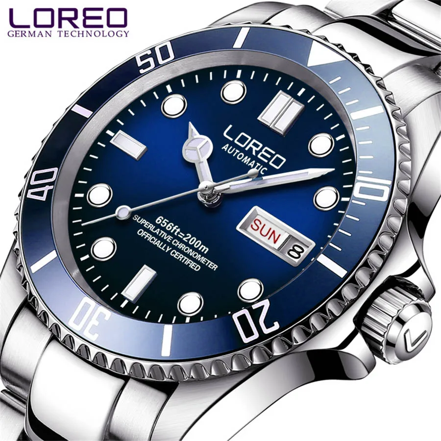 LOREO Luxury Men Mechanical Wristwatch 200m Waterproof Stainless Steel Watch Top Brand Sapphire Glass Men Watches Reloj Hombre