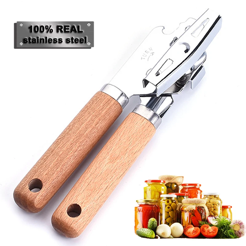 Dosenöffner aus Edelstahl mit Holzgriff, professioneller ergonomischer manueller Dosenöffner, seitlich geschnittener Glasöffner, Küchenzubehör
