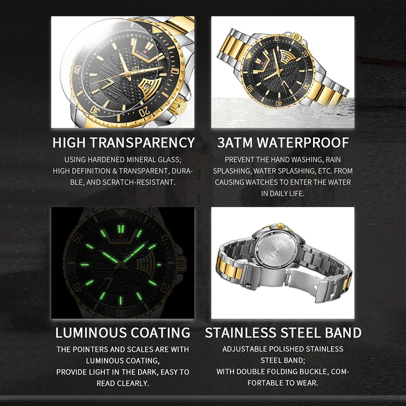 New NAVIFORCE Watches Top Luxury Brand Waterproof Sports Watch Men Gold Quartz Steel Wristwatches Male Clock Relogio Masculino