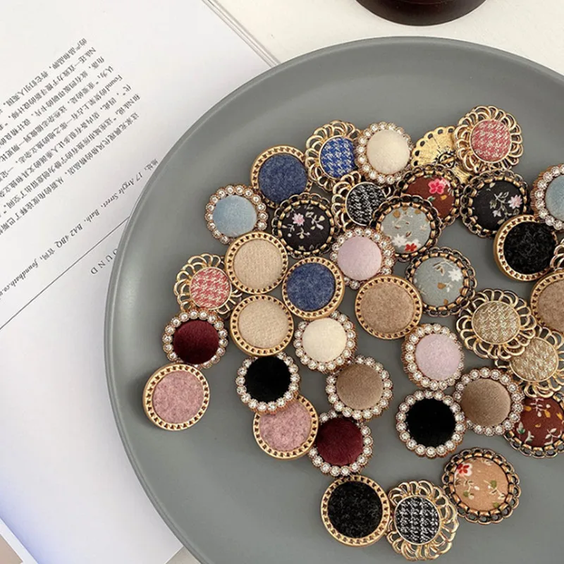2pcs/lot Flocking Cloth Metal Button Retro Floral Wrapped Fabric Belt Drill Hair Rope Decoration Material DIY ClothingYS201015-4