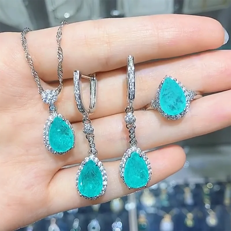 Luxury Wedding Silver Color Accessories Set For Bride Simulated Paraiba Water Drop Tourmaline Ring Necklace Earring Jewelry Set