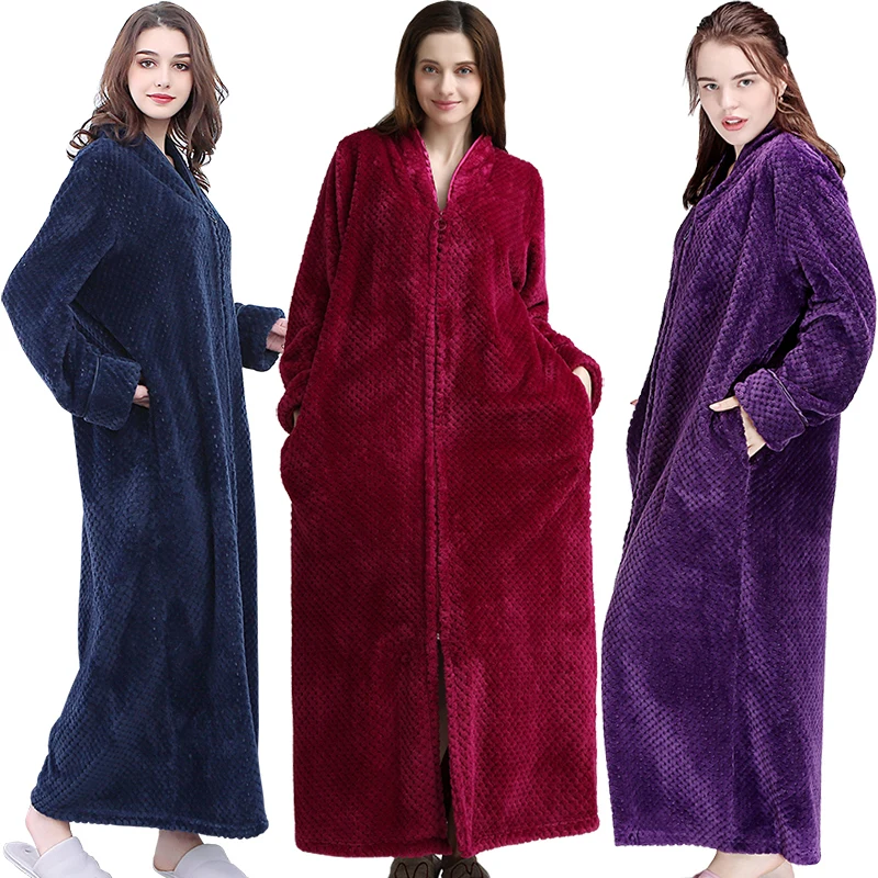 Women Men Zipper Extra Long Flannel Sleepshirts Plus Size Winter Thick Warm Coral Fleece Nightgowns Pregnant Cozy Bathrobe Dress