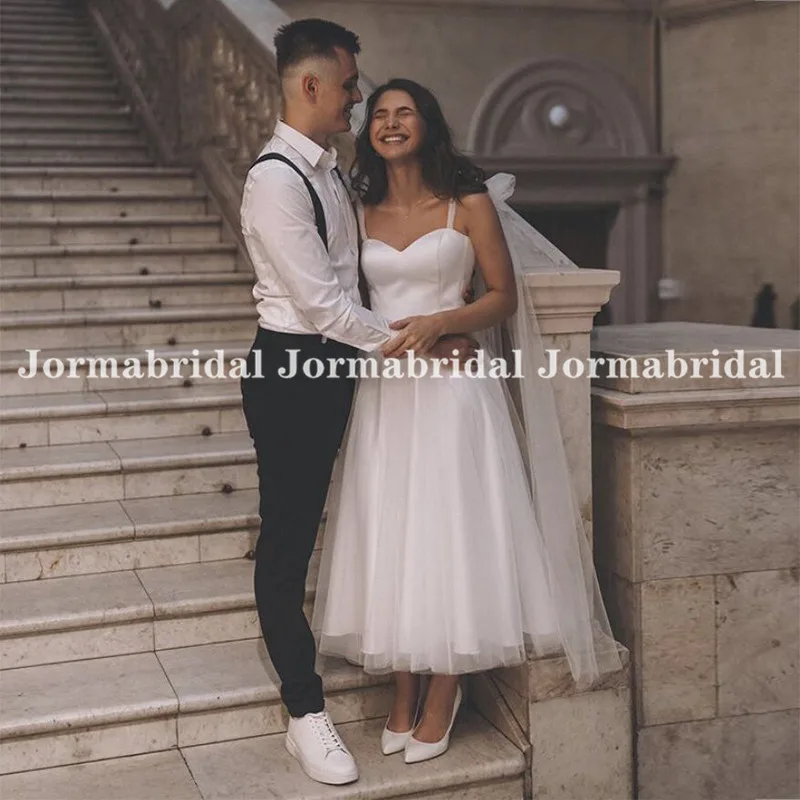 Customized Tea Length Tulle Wedding Dresses White Ivory Short Beach Bridal Dress Spaghetti Straps Bridal Gowns Vestido De Noiva
