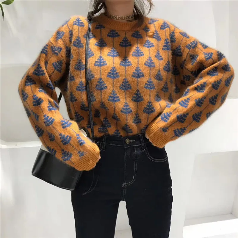 Women Pullover 2023 Fashion Overd Jumper Houndstooth Knitted Sweaters Vintage Long Sleeve Loose Female Pullovers Chic Tops