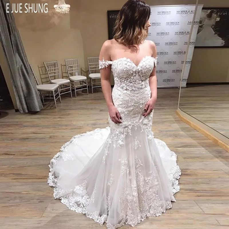 

E JUE SHUNG Off Shoulder Mermaid Wedding Dresses Sweetheart Zipper Back Lace Appliques Bridal Wedding Gowns vestido de noiva