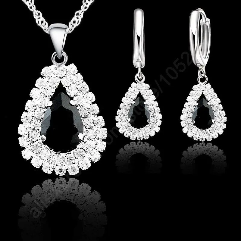 S925 Sterling Set Gioielli D\'argento Per La Cerimonia Nuziale di Fidanzamento Da Sposa Delle Donne di Goccia Dell\'acqua di Cristallo Pendenti Con