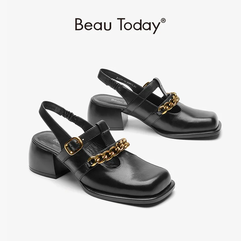 BeauToday Sandals Women Genuine Cow Leather Square Toe Metal Decoration Elastic Band Thick Heel Ladies Shoes Handmade 31177