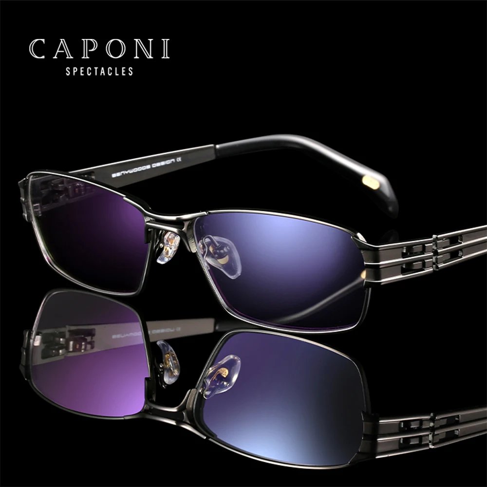 CAPONI Computer Glasses Men Anti Blue Light Photochromic Gray Eyeglasses 100% Pure Titanium Full Frame Glasses For Male  BF1172