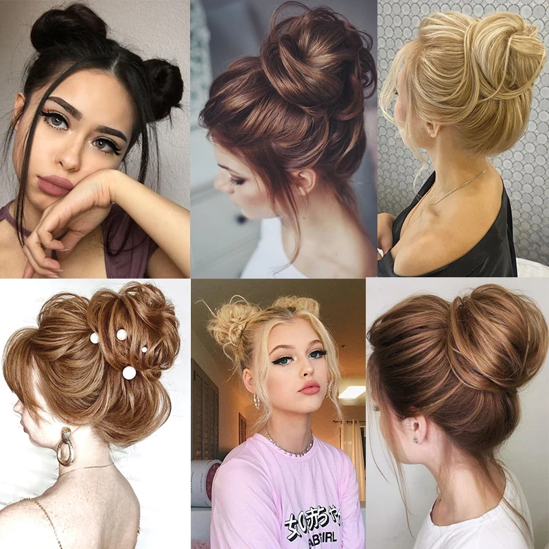 여자 곱슬 Scrunchie Chignon 고무 밴드 브라운 블랙 합성 헤어 링 랩 지저분한 롤빵 Ponytails 스트레이트 헤어 넥타이