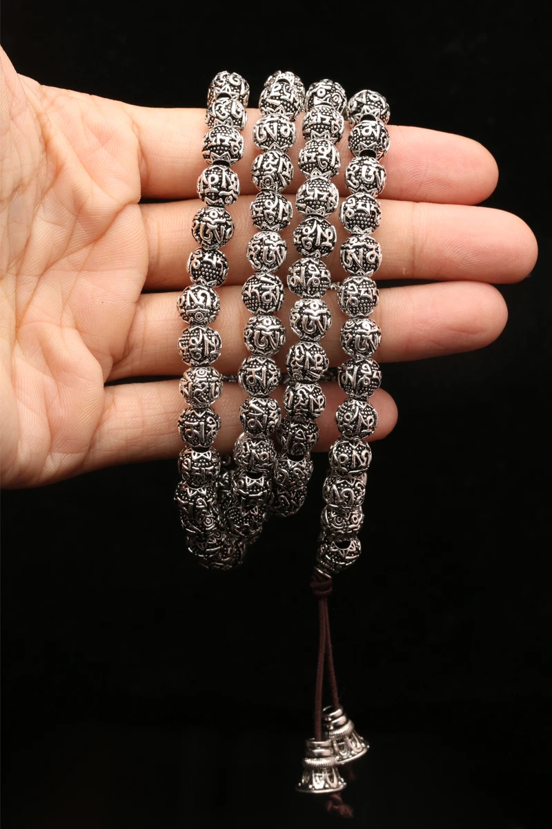 Nepal Retro Handmade Tibetan Silver 8mm 108 Beads Necklace Jewelry Six-Character Mantra Of Buddhism