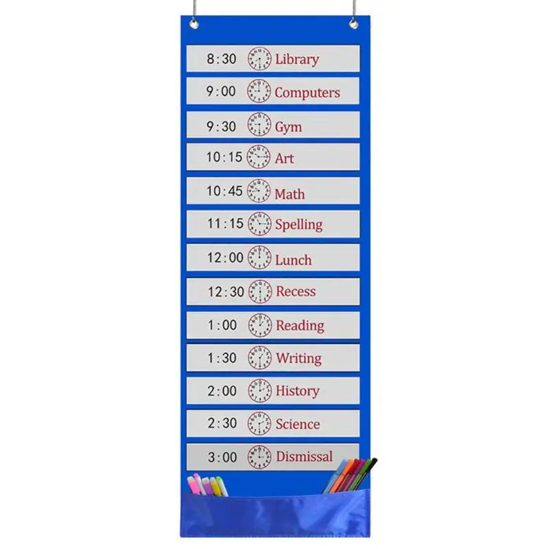 Classroom Pocket Chart 13+1 Pocket Daily Schedule Pocket Chart 26 Double-Sided Reusable Dry-Eraser Cards For Office