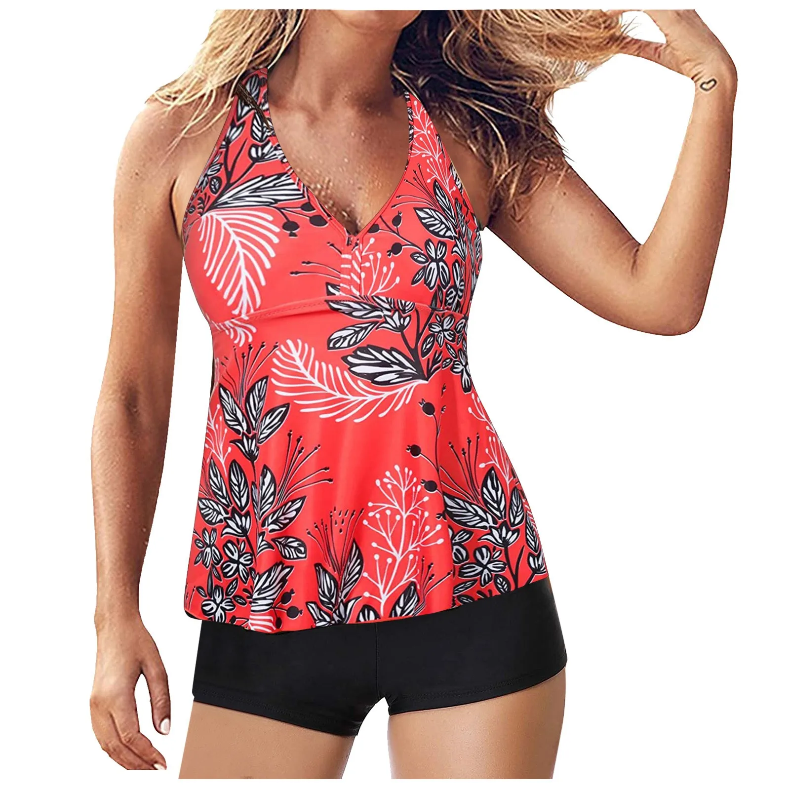 Costume da bagno stampa foglia donna estate costume da bagno Tankini in due pezzi Tummy Control Top con pantaloncini costume da bagno due pezzi