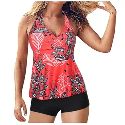 Costume da bagno stampa foglia donna estate costume da bagno Tankini in due pezzi Tummy Control Top con pantaloncini costume da bagno due pezzi abbigliamento da spiaggia 2022