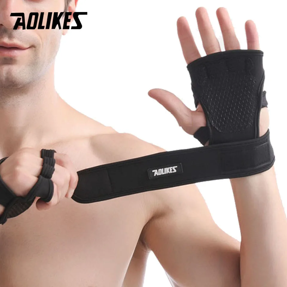 AOLIKES 1 Pair Gym Fitness Gloves Hand Palm Protector with Wrist Wrap Support Crossfit Workout Bodybuilding Power Weight Lifting