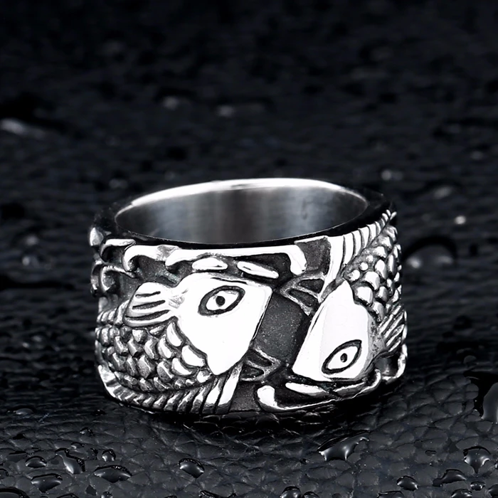 Retro Embossed Fish Stainless steel casting process Ring Fashion Men Women Personality  Animal Jewelry BR8-257 US Size