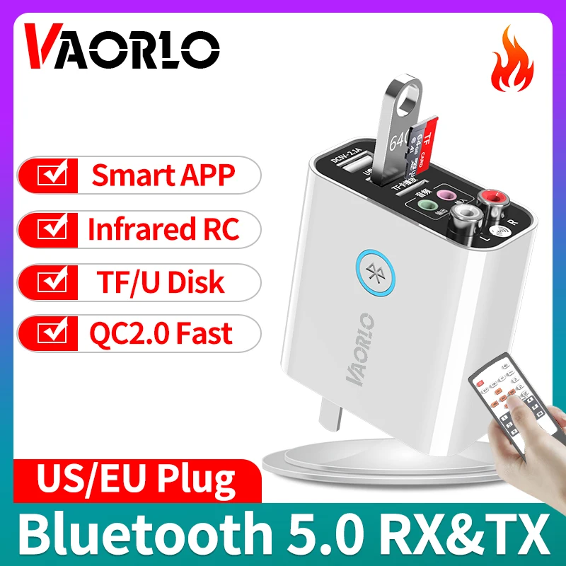 

2 IN 1 Bluetooth 5.0 Audio Transmitter Receiver QC2.0 Fast Charger Smart APP With 3.5MM AUX RCA TF Card U Disk Wireles Adapter