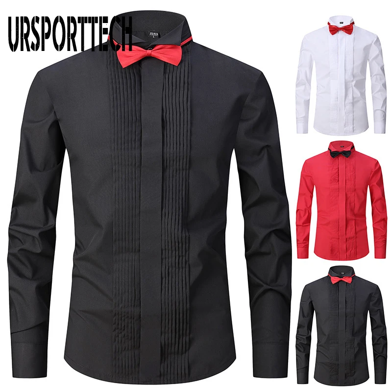 URSPORTTECH Men's Shirt Solid Color Black Performance Shirts Mens Long Sleeve Stage Party Chorus Dress Shirt With Host Bow Tie