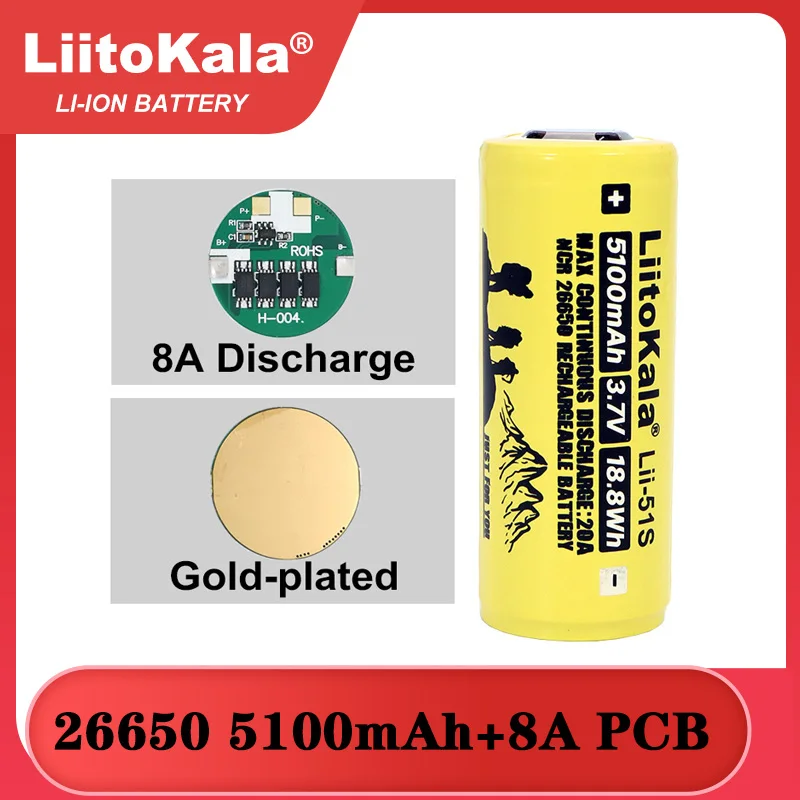 1-10PCS Liitokala LII-51S 26650 8A power rechargeable lithium battery 26650A 3.7V 5100mA Suitable for flashlight PCB protection