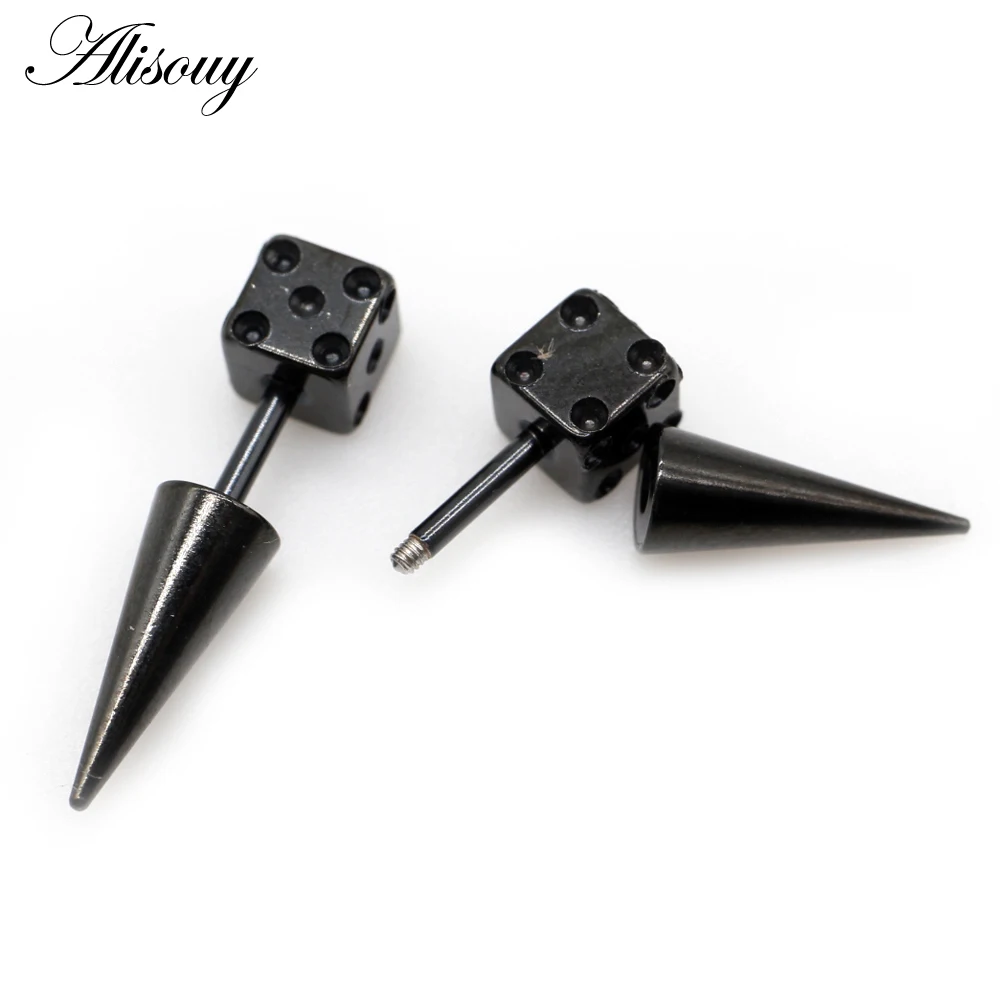 Alisouy 2pcs Fashion Punk Gothic Dice Spike Cone Square Stainless Steel Ear Stud Earrings Male Men women Piercing Jewelry Gift view 6