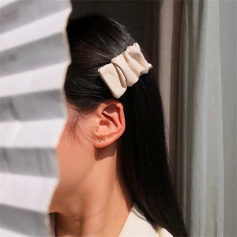 HUANQI 2021 Vintage Pleated Pu Leather Colorful Side Bangs Clip Barrette Rectangle Hairpin for Women Girls Hair Accessories