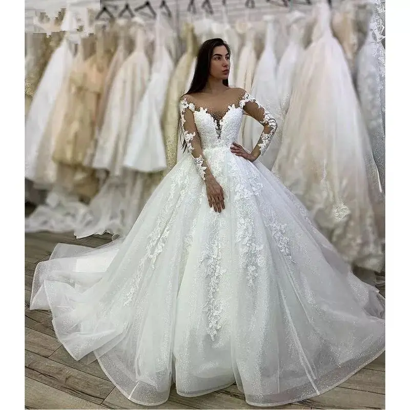 

Customized Tulle Lace Appliques Long Sleeves V-Neck Floor-Length Ball gown Wedding dress Chapel Train Custom made