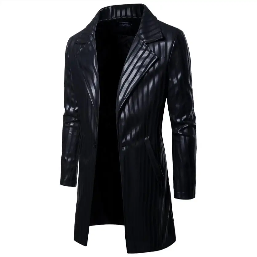 2020 Autumn new men's leather clothing large size long PU suit collar jacket fashion casual black coat stage singer costumes