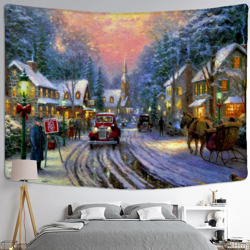 

Christmas Oil Painting Tapestry Wall Hanging Psychedelic Witchcraft Art Snow Scene Background Cloth Home Decor