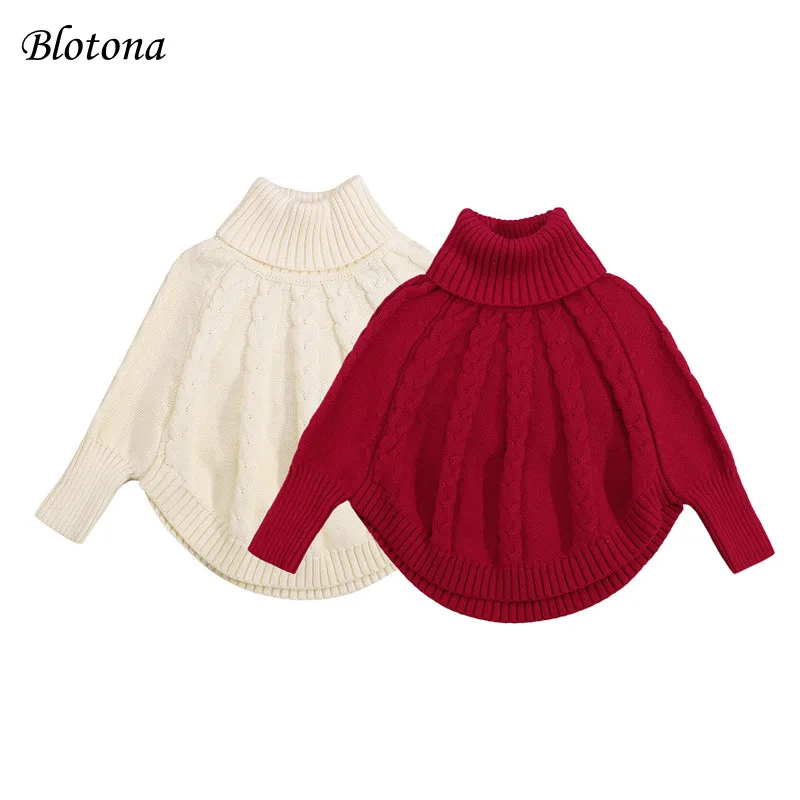 

Blotona Kids Girls Autumn Winter Casual Knitted Solid Color Sweater, Turtleneck Batwing Sleeves Cloak Loose Pullover Tops, 1-6Y