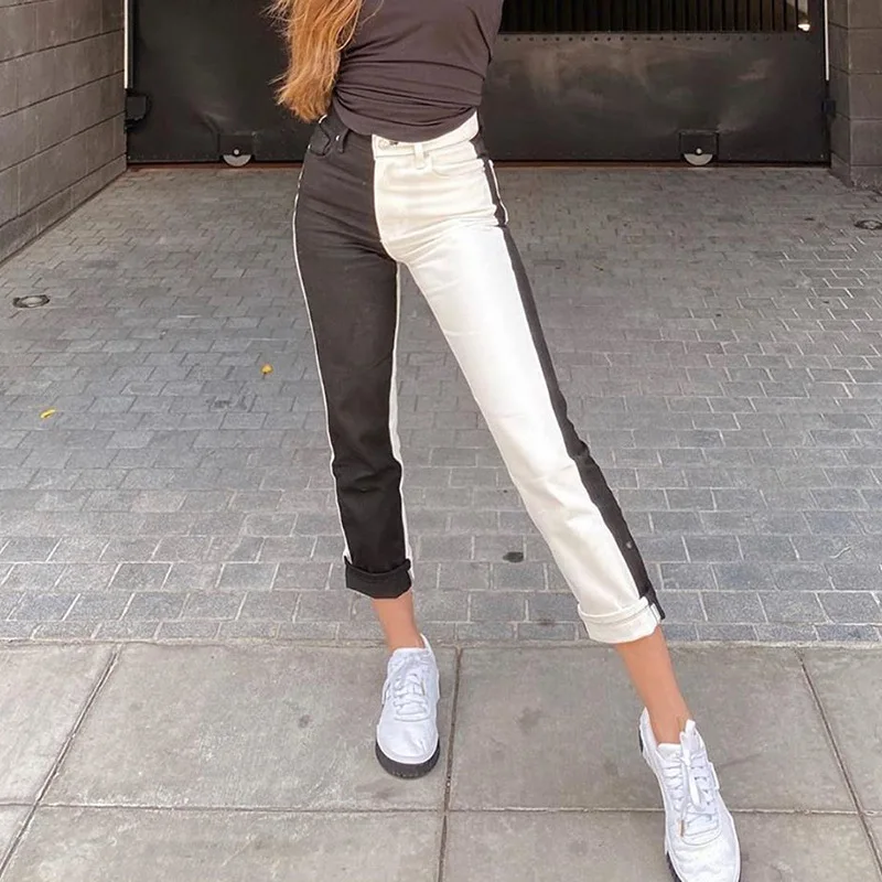 Black White Patchwork Jeans Women Spring 2021 Fashion Contrast Color High Waist Wide Leg Pants Woman Casual Loose Straight Jeans