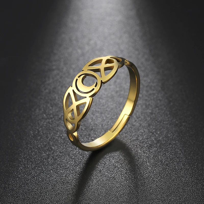 COOLTIME Moon Finger Ring for Women Triquetera Irish Knot Steel Color Stainless Steel Gifts for Men Lover Couple Rings Jewelry