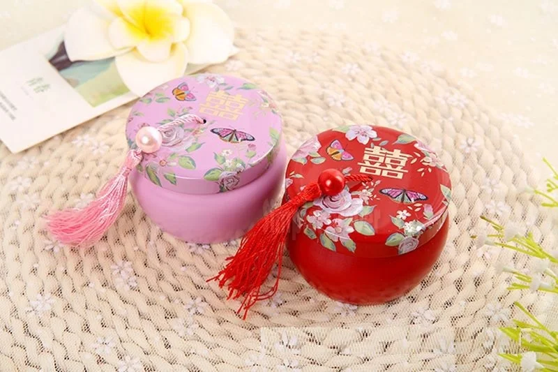 50pcs Chinese Traditional Double Happiness Chocolate Tassel Tin Boxes Drum Shaped Wedding Candy Box