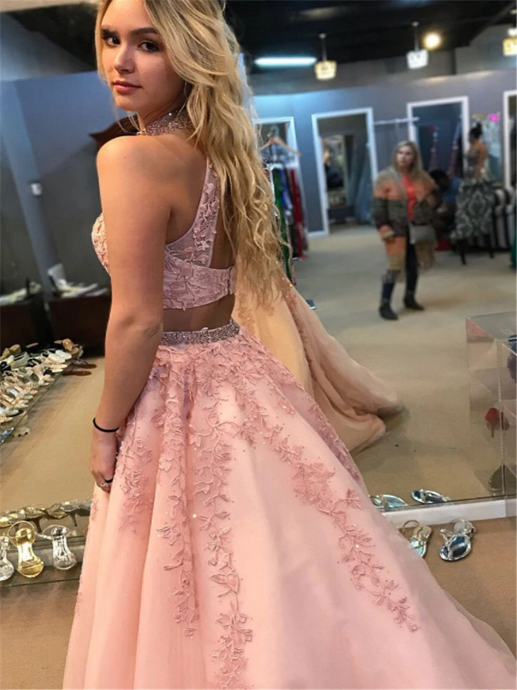 Charming Zwei Stücke Rosa Prom Kleider Perlen High Neck Appliques Illusion A-Line Graduation Party Kleider vestidos de festa 2020