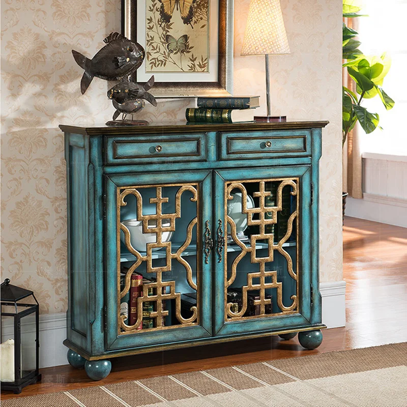 

Mediterranean Foyer Porch Cabinet Antique Painted Ultra-thin Cabinets Two Buckets Two Doors Balcony Cabinets American Sideboard