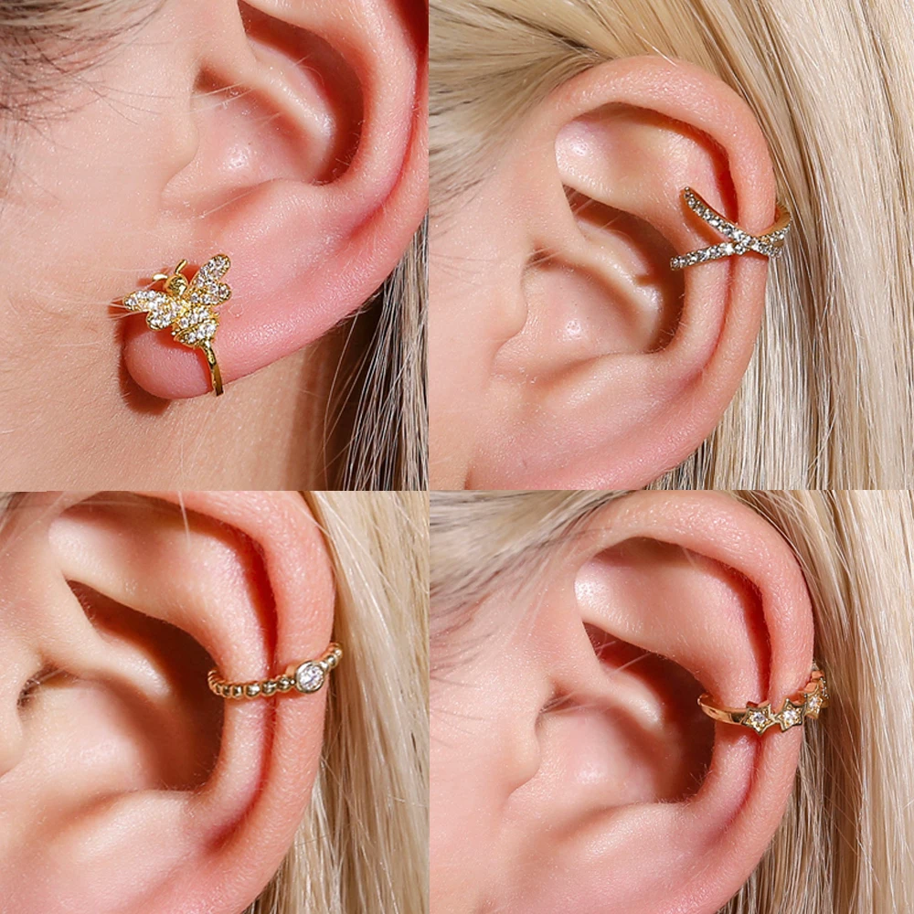 1 PCS Vintage U Shaped Crystal Ear Cuff Non Pierced Clip Earring Trendy Punk Gold Color X Bee Star Shape Small Circle Earrings