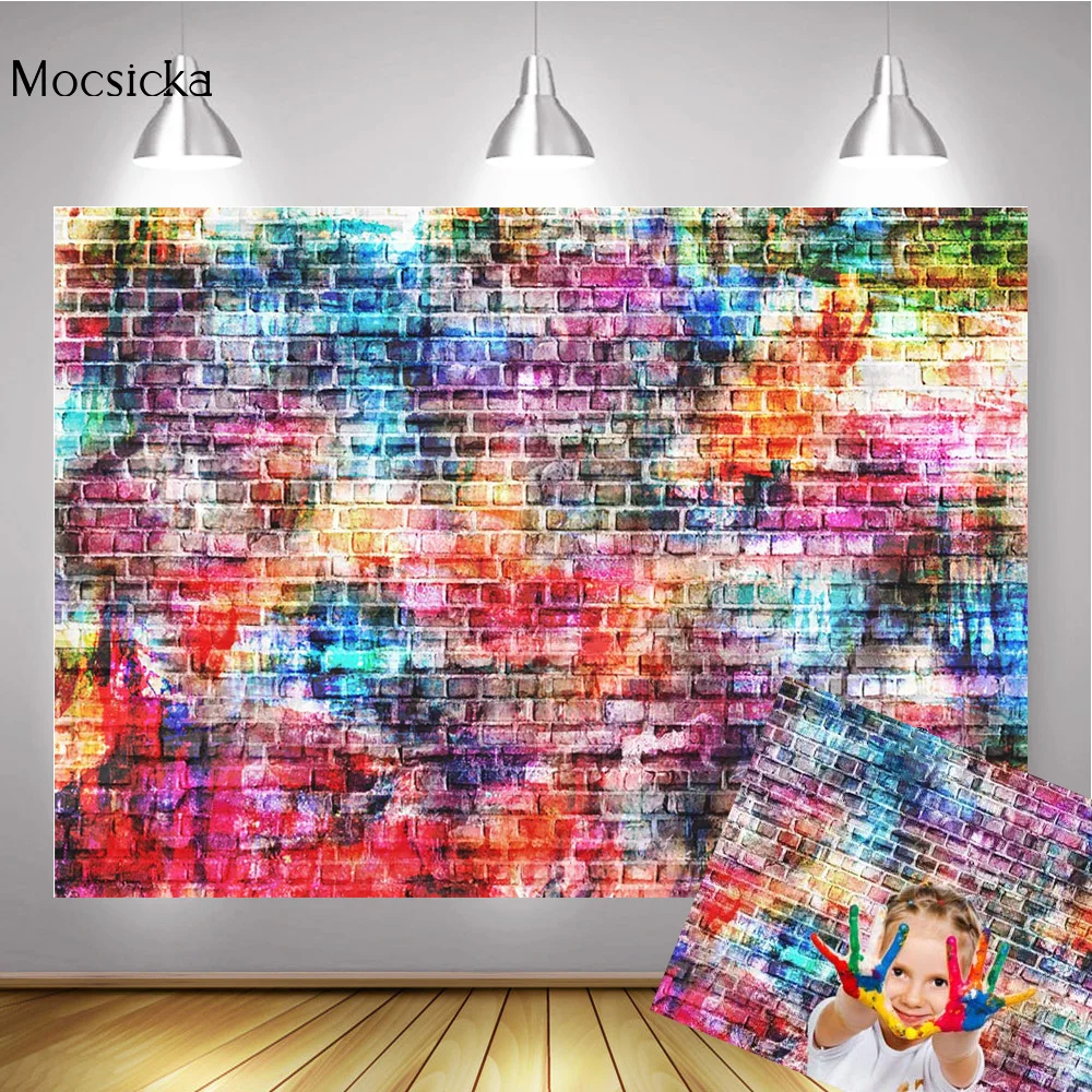 Colorful Brick Wall Photography Backdrops Rainbow Painting Graffiti Brick Backdrop Children Birthday Party Decoration Background