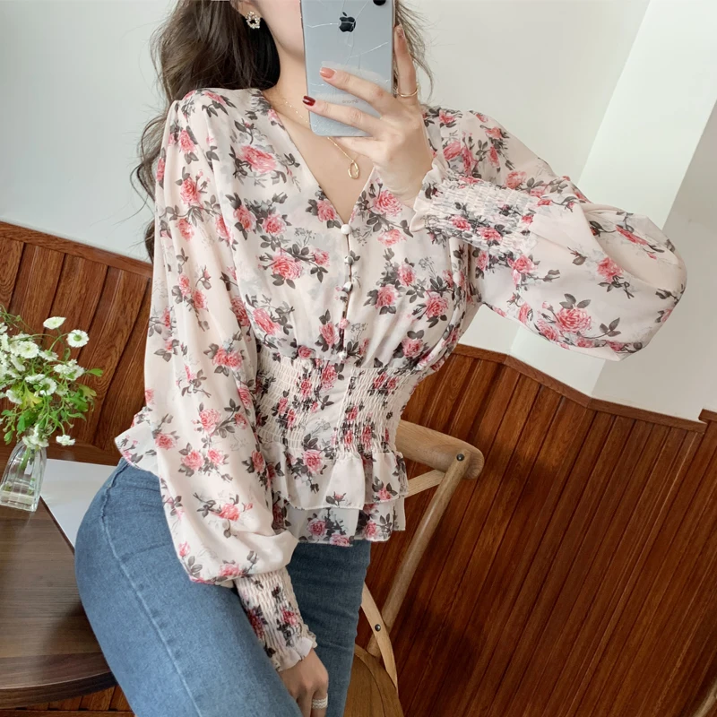 Blouses Femme 2021 Spring Short Floral Chiffon Shirt V-neck Waist Lantern Sleeve Top Fashion Ladies Women's Short Printed Blouse