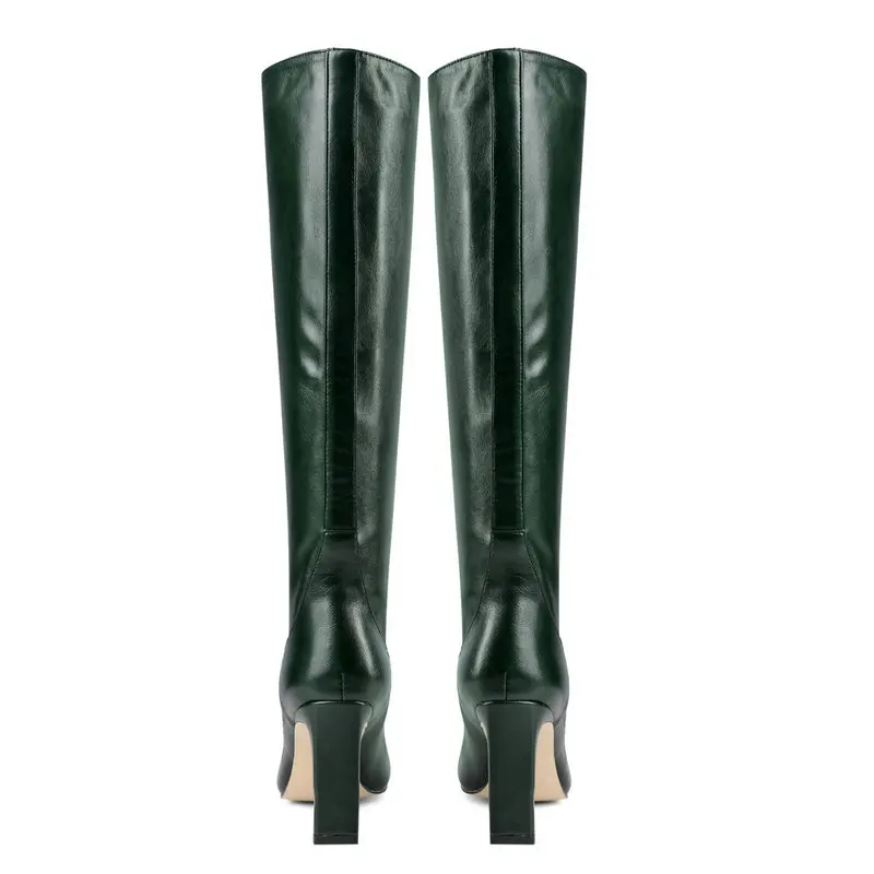 Band Designer Faux Leather Women Knee High Boots Square Toe Boots Women Long Thin Block High Heel Boots Black Beige Yellow Green